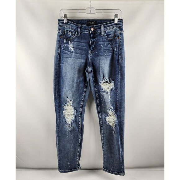 Judy Blue Jeans Womens 7/28 Blue Distressed Boyfriend Fit Button Fly JB2169LT - Picture 1 of 13